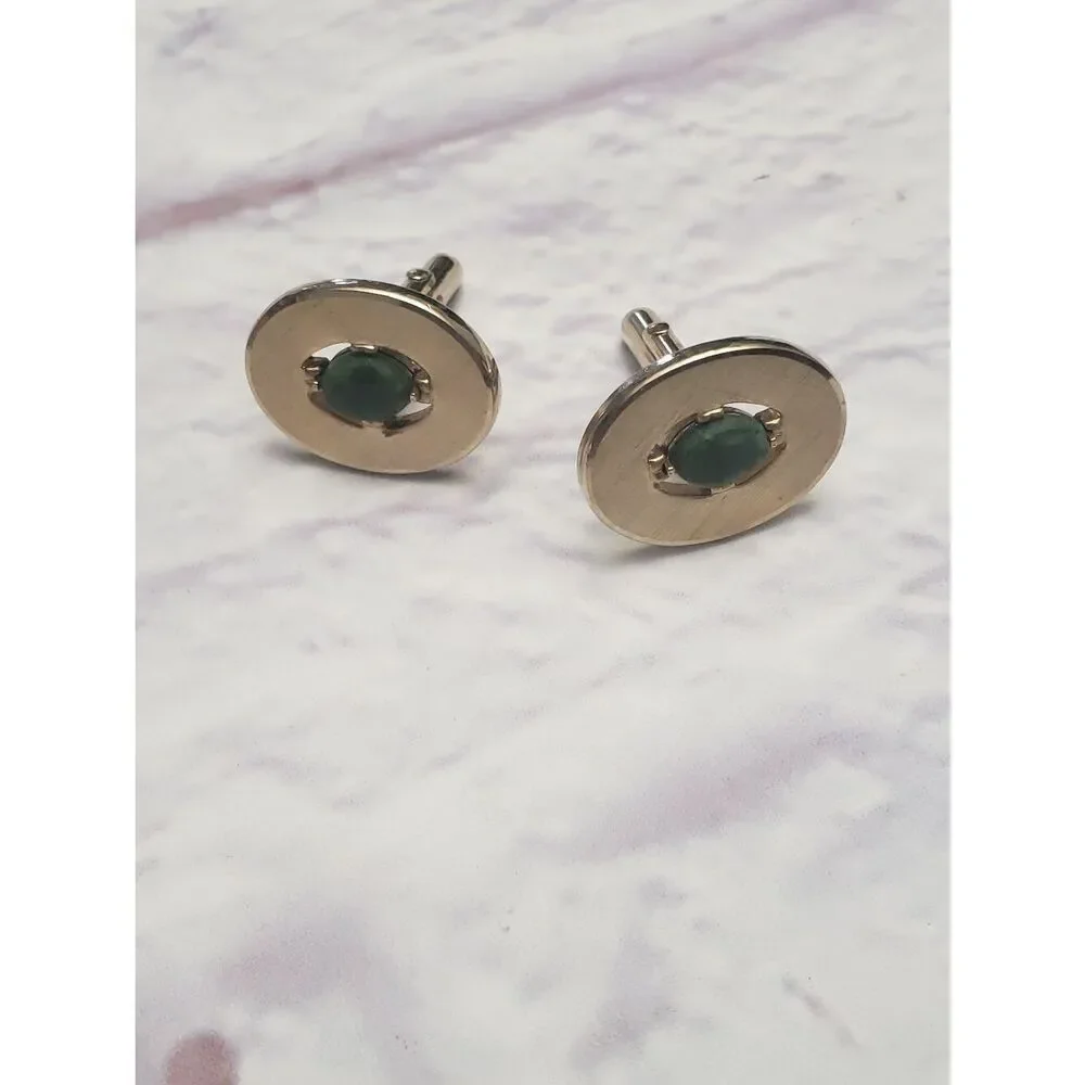 VINTAGE SWANK Goldtone & Green Agate Cuff Links